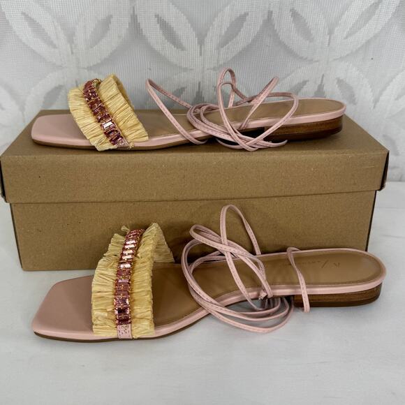 Anthropologie Embellished Tie Up Pink/Rose Raffia Square Toe Sandals New in Box - Picture 2 of 12